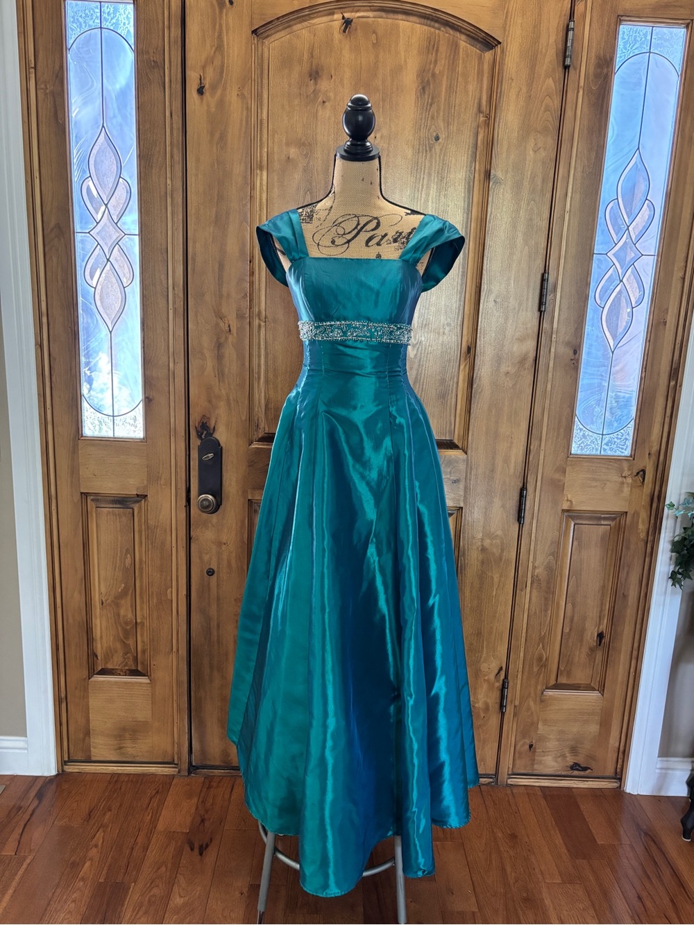 Faviana Teal Satin Prom Gown with Beaded Waist